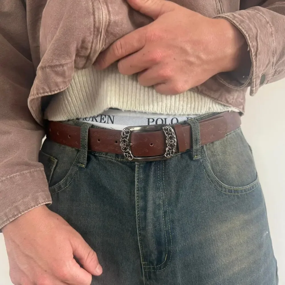 Y2K Style Brown American Western Floral Design Belt